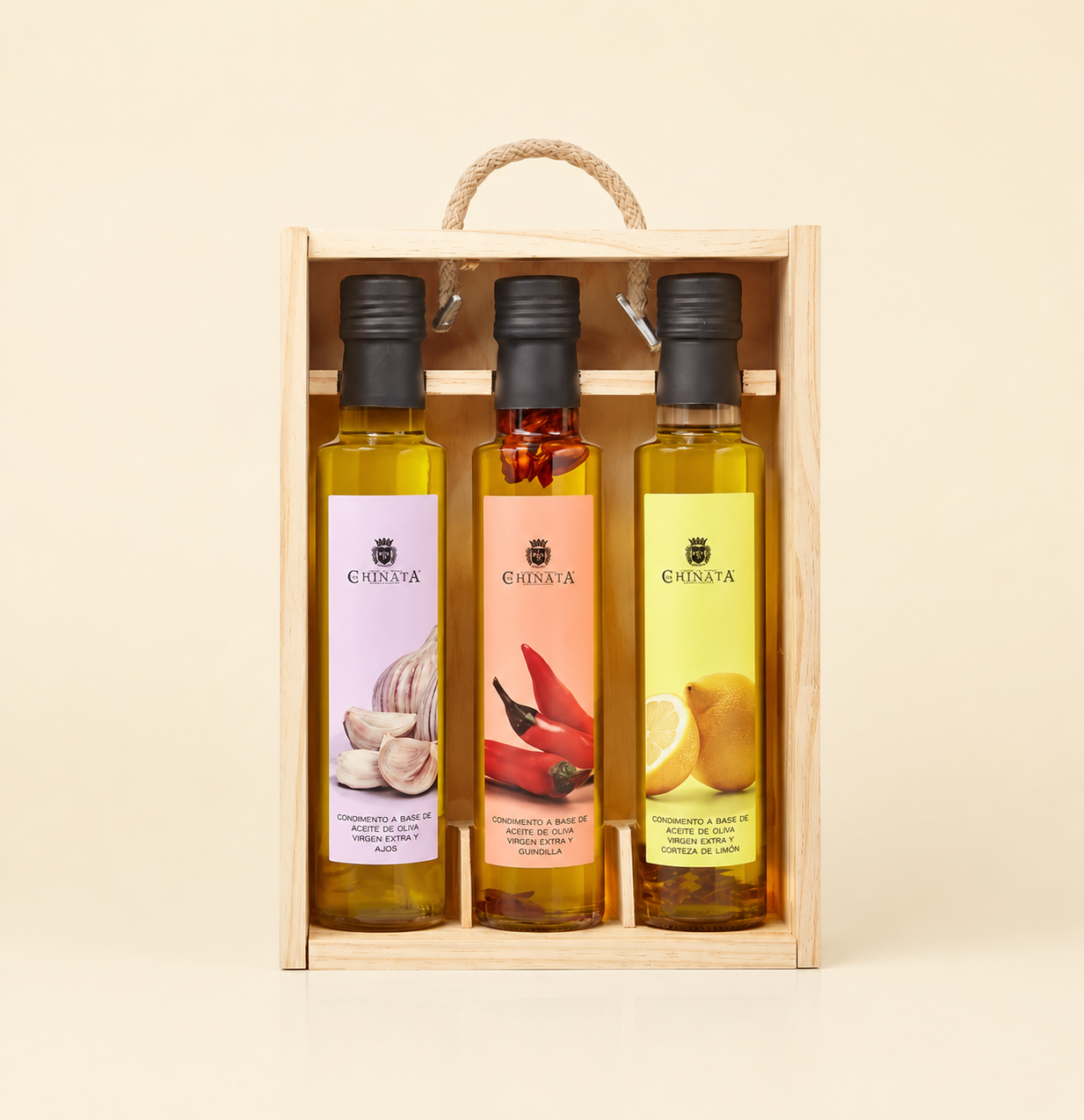 Coffret en bois – 3 huiles d'olive extra vierges aromatisées La Chinata