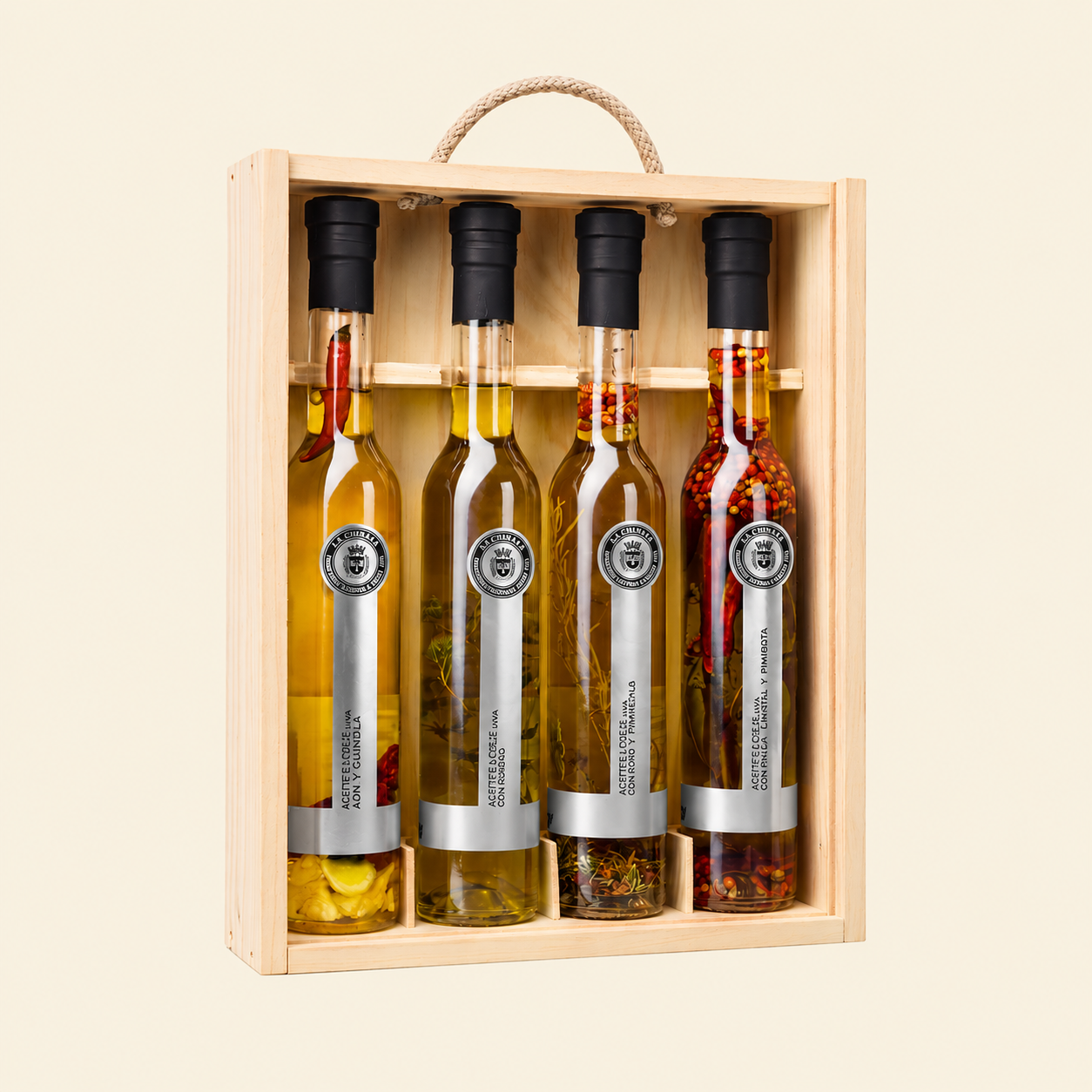 Coffret en bois – 4 huiles d'olive extra vierges aromatisées La Chinata