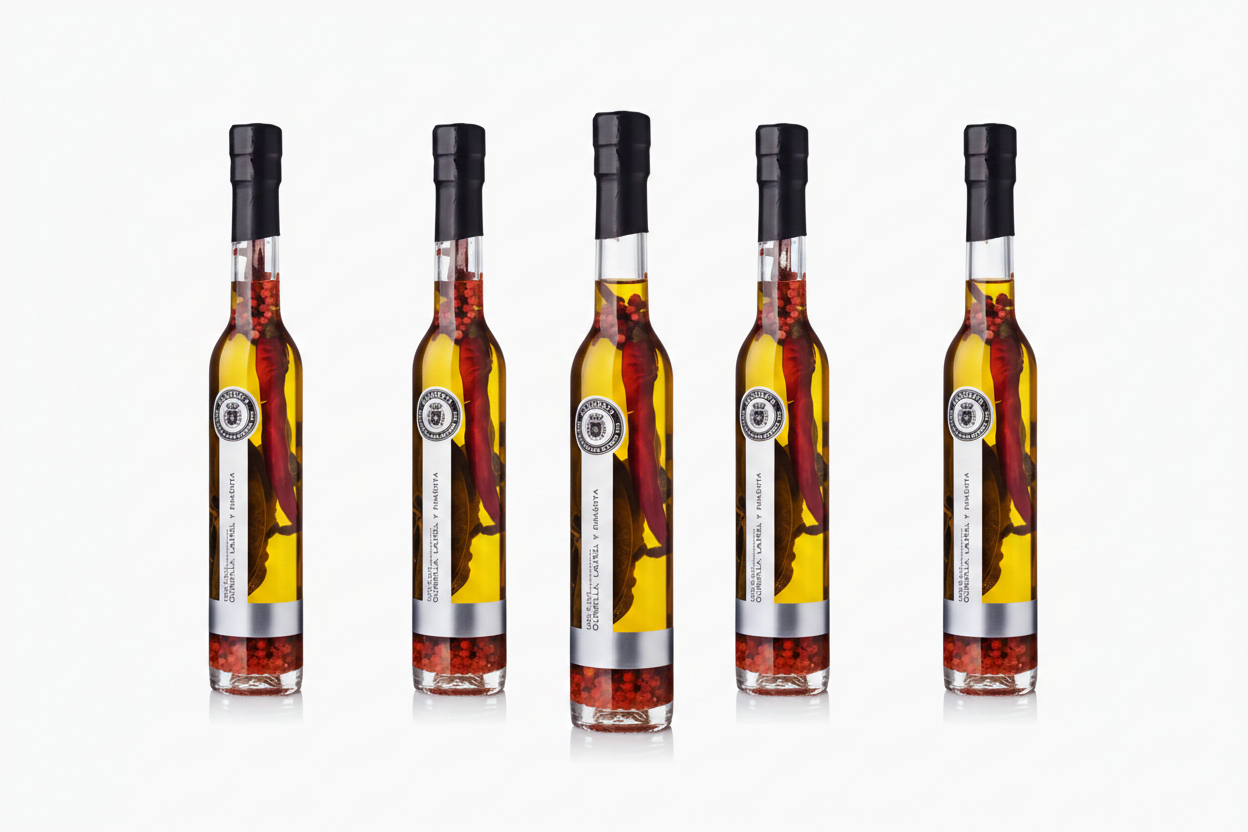 Lot de 5 bouteilles huile d'olive aromatisée au laurier La Chinata - 1 bouteille en avant-plan, 4 en arrière-plan, fond blanc
