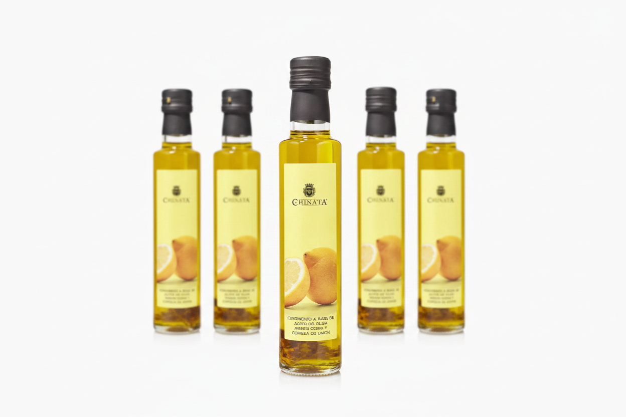 Lot de 5 bouteilles huile d'olive aromatisée au citron La Chinata - vue avec une bouteille en avant-plan