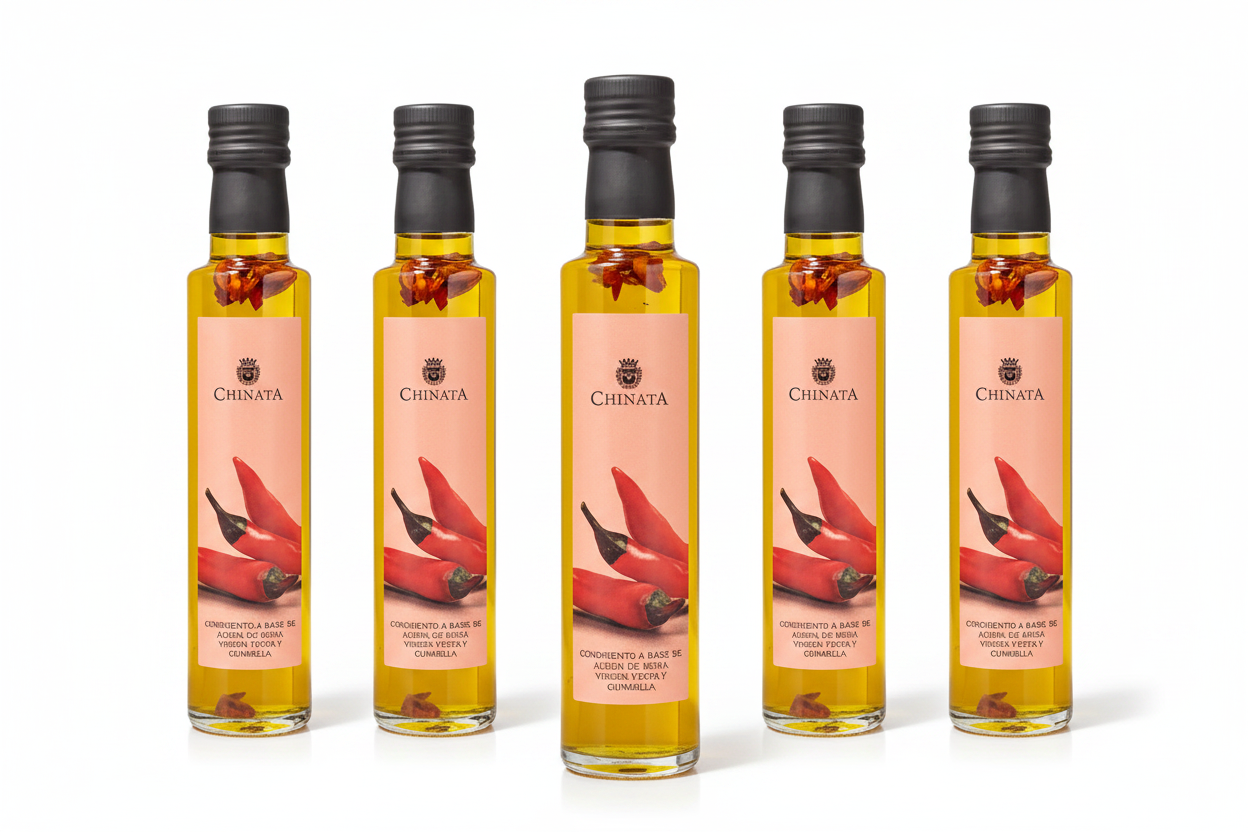 5 bouteilles huile d'olive aromatisée aux piments sur fond blanc