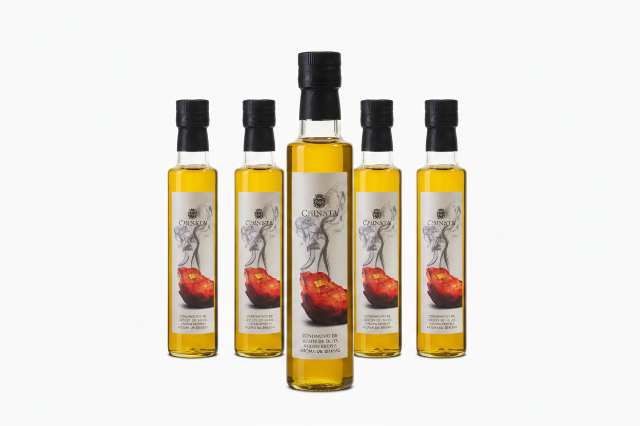 Lot de 5 bouteilles huile d'olive aux notes fumées barbecue La Chinata - 1 bouteille en avant-plan, 4 en arrière-plan, fond blanc