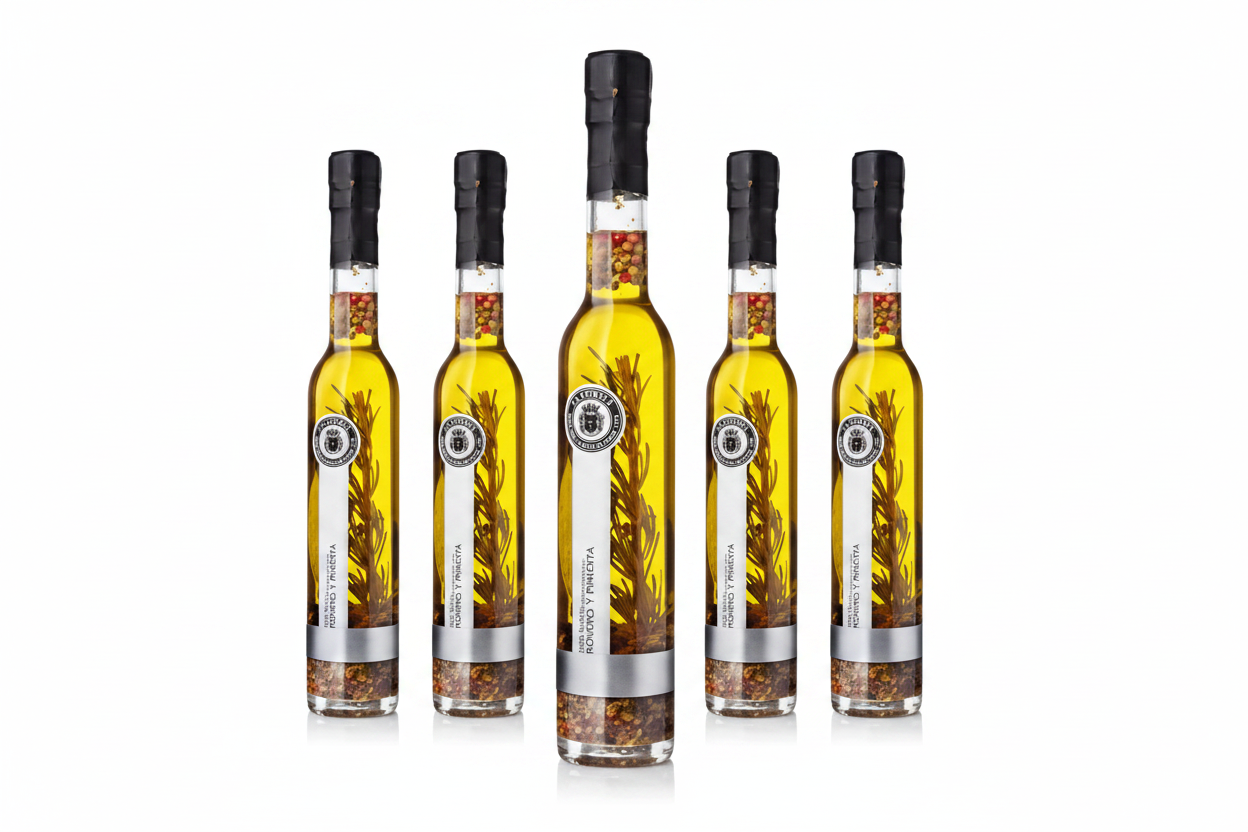 Lot de 5 bouteilles huile d'olive aromatisée au romarin et poivres La Chinata - 1 bouteille en avant-plan, 4 en arrière-plan, fond blanc