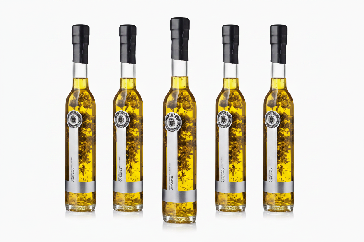 Lot de 5 bouteilles huile d'olive aromatisée à l'origan La Chinata - 1 bouteille en avant-plan, 4 en arrière-plan, fond blanc